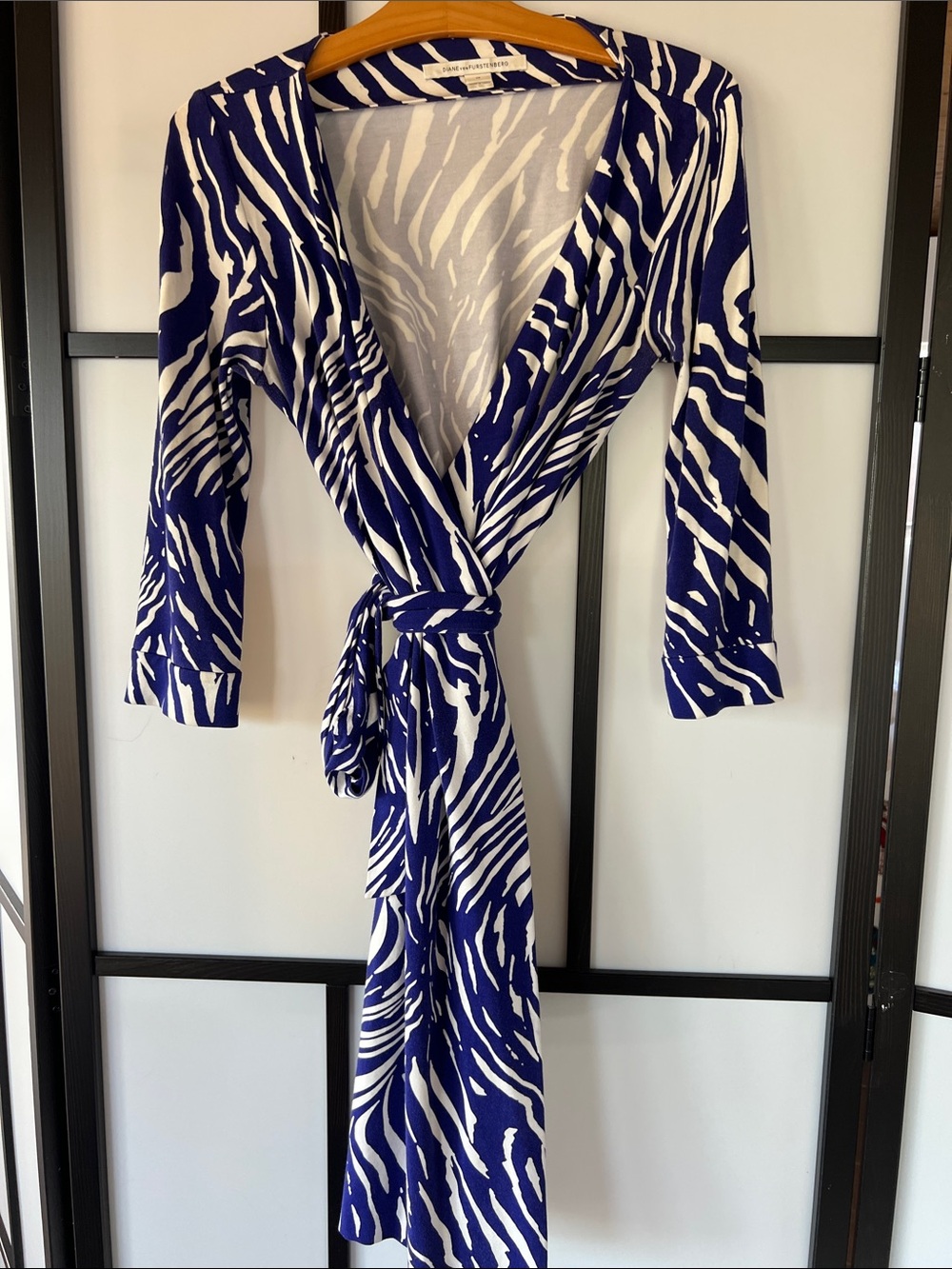Diane Von Furstenberg Cobalt and White Zebra-Print Midi Wrap Dress